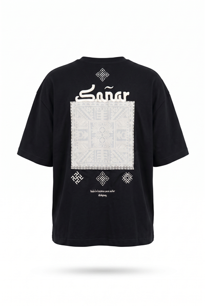 Erkek Sonar Nakış Detaylı Oversize T-Shirt Siyah
