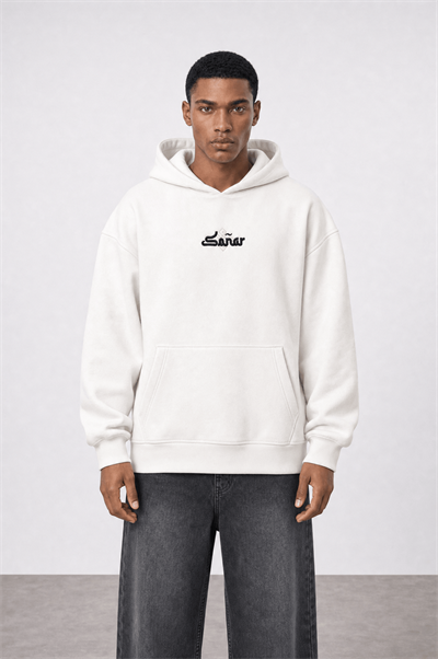 Erkek Sonar Nakışlı Oversize Hoodie Ekru