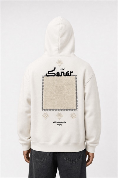 Erkek Sonar Nakışlı Oversize Hoodie Ekru