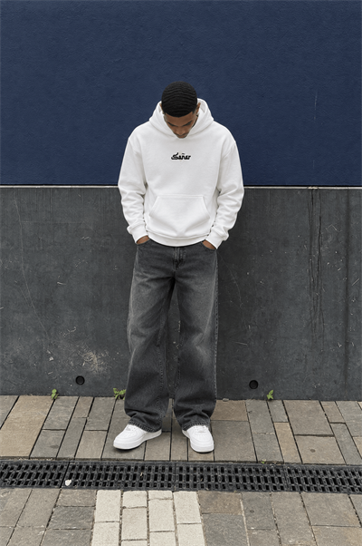 Erkek Sonar Nakışlı Oversize Hoodie Ekru