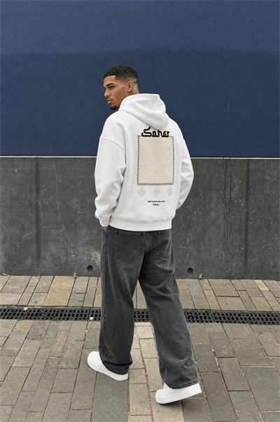 Erkek Sonar Nakışlı Oversize Hoodie Ekru