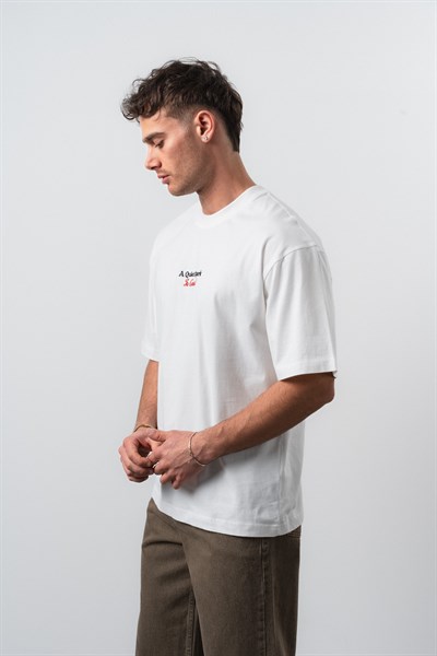 Erkek Spark Nakışlı Oversize T-Shirt Ekru