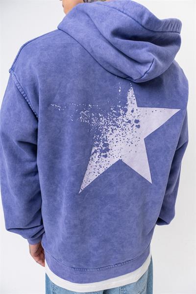 Erkek Star Baskılı Yıkamalı Kapüşonlu Oversize Hoodie Mor