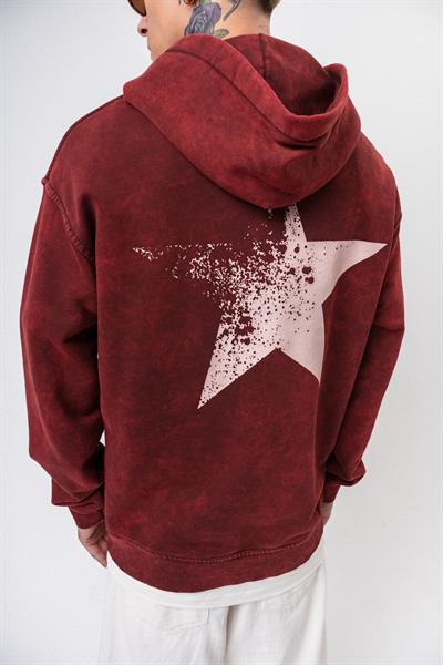 Erkek Star Baskılı Yıkamalı Kapüşonlu Oversize Hoodie Bordo