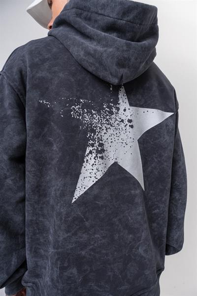 Erkek Star Baskılı Yıkamalı Kapüşonlu Oversize Hoodie Siyah
