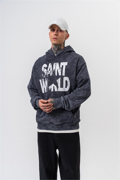 Erkek Star Baskılı Yıkamalı Kapüşonlu Oversize Hoodie Siyah