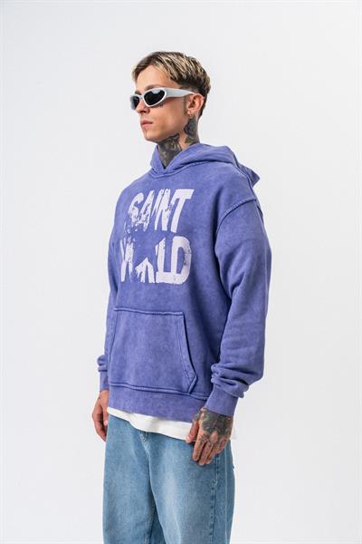 Erkek Star Baskılı Yıkamalı Kapüşonlu Oversize Hoodie Mor