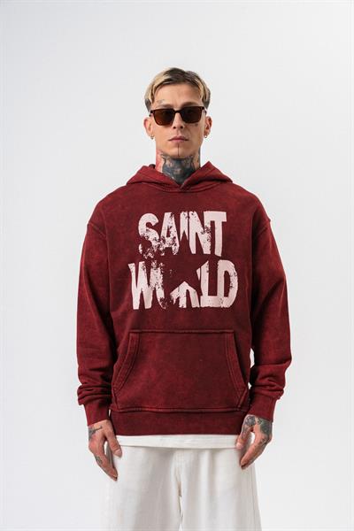 Erkek Star Baskılı Yıkamalı Kapüşonlu Oversize Hoodie Bordo