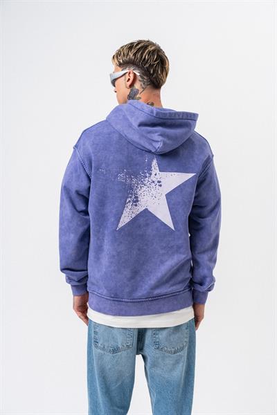 Erkek Star Baskılı Yıkamalı Kapüşonlu Oversize Hoodie Mor