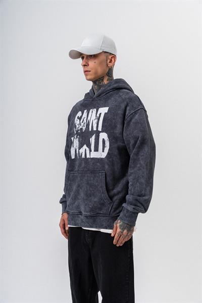 Erkek Star Baskılı Yıkamalı Kapüşonlu Oversize Hoodie Siyah