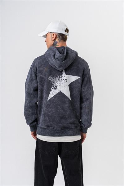Erkek Star Baskılı Yıkamalı Kapüşonlu Oversize Hoodie Siyah