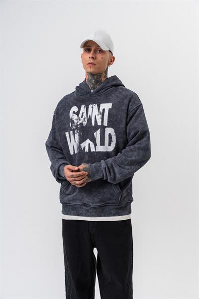 Erkek Star Baskılı Yıkamalı Kapüşonlu Oversize Hoodie Siyah