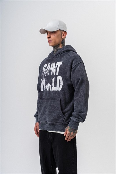 Erkek Star Baskılı Yıkamalı Kapüşonlu Oversize Hoodie Siyah