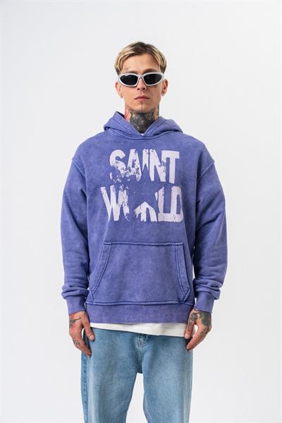 Erkek Star Baskılı Yıkamalı Kapüşonlu Oversize Hoodie Mor