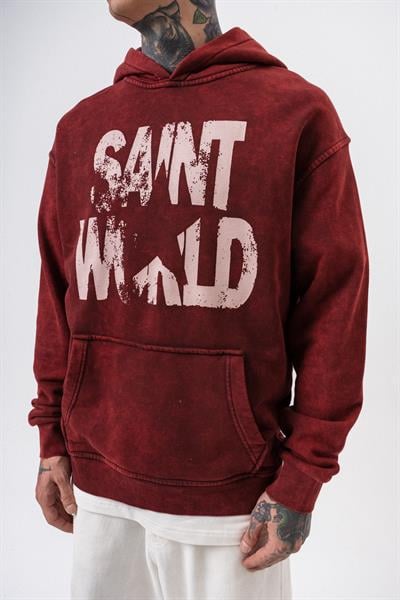 Erkek Star Baskılı Yıkamalı Kapüşonlu Oversize Hoodie Bordo