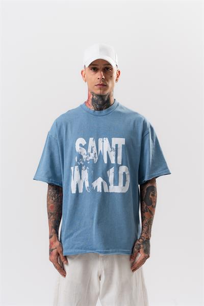 Erkek Star Baskılı Yıkamalı Oversize T-Shirt Mavi