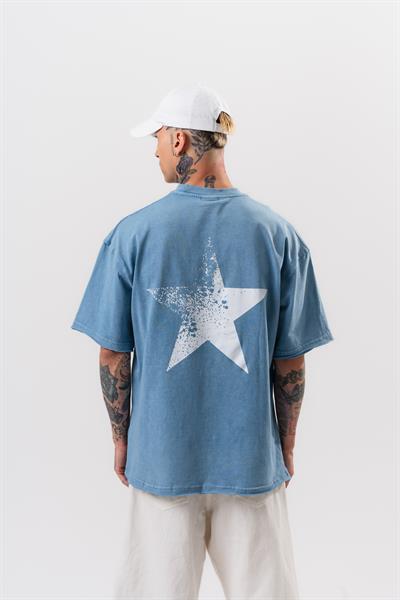 Erkek Star Baskılı Yıkamalı Oversize T-Shirt Mavi