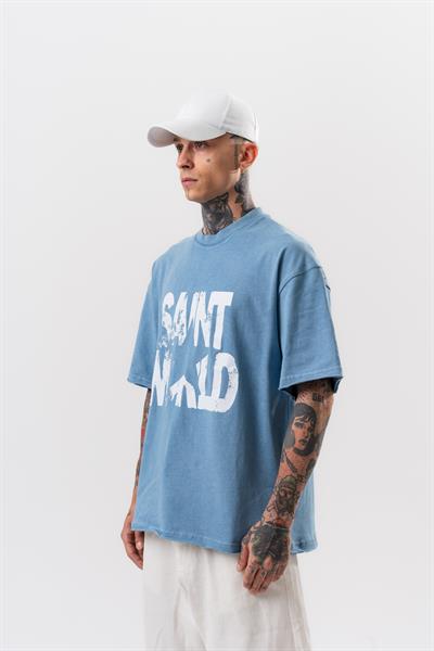 Erkek Star Baskılı Yıkamalı Oversize T-Shirt Mavi