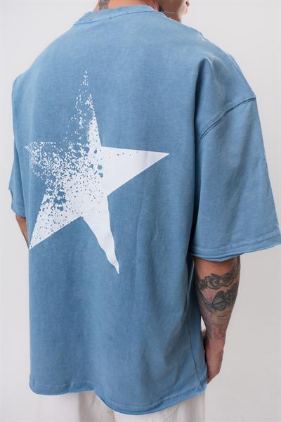 Erkek Star Baskılı Yıkamalı Oversize T-Shirt Mavi