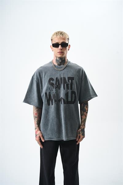 Erkek Star Baskılı Yıkamalı Oversize T-Shirt Gri