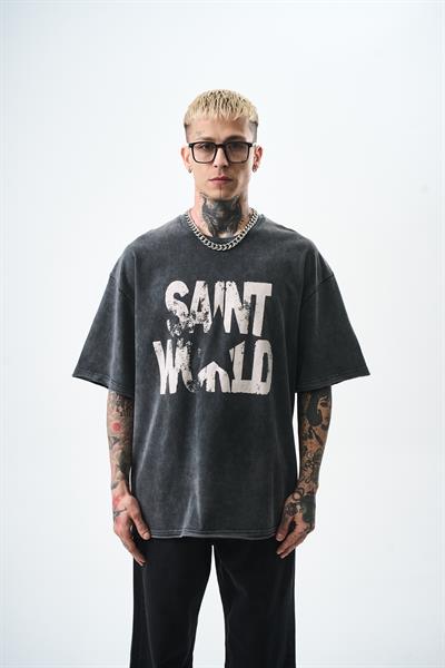Erkek Star Baskılı Yıkamalı Oversize T-Shirt Siyah