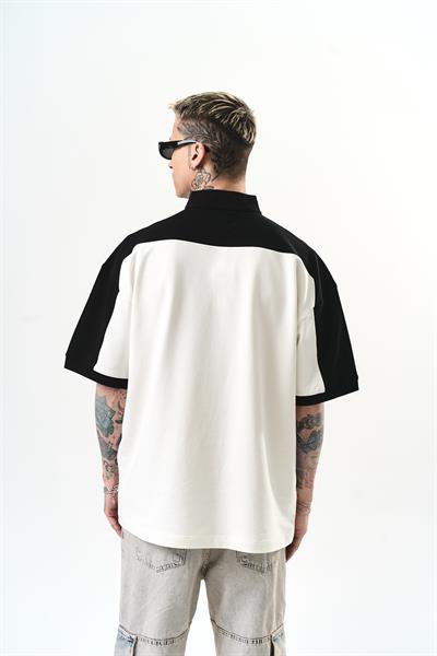 Erkek Studio Nakışlı Yarım Fermuarlı Oversize T-Shirt Ekru