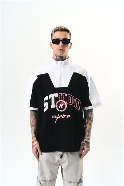 Erkek Studio Nakışlı Yarım Fermuarlı Oversize T-Shirt Siyah