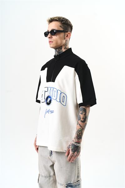 Erkek Studio Nakışlı Yarım Fermuarlı Oversize T-Shirt Ekru