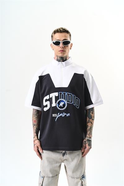 Erkek Studio Nakışlı Yarım Fermuarlı Oversize T-Shirt Füme