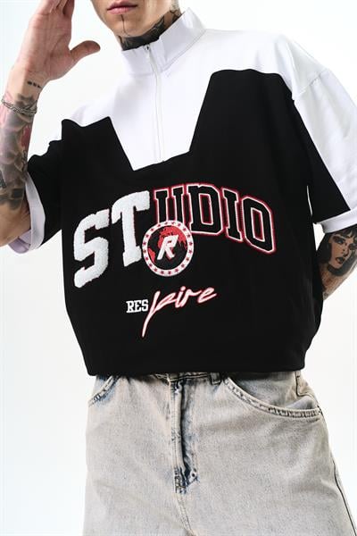 Erkek Studio Nakışlı Yarım Fermuarlı Oversize T-Shirt Siyah