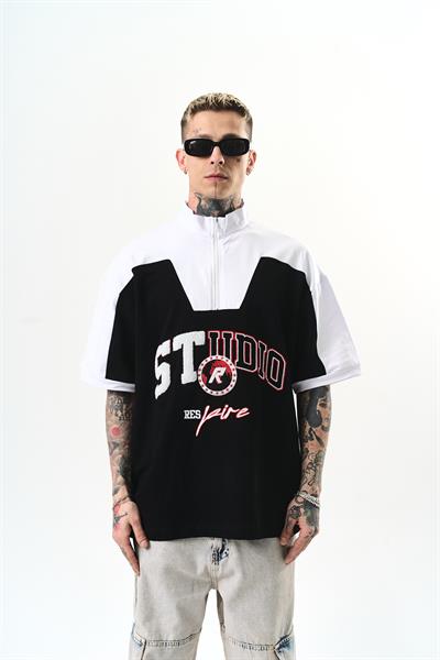 Erkek Studio Nakışlı Yarım Fermuarlı Oversize T-Shirt Siyah