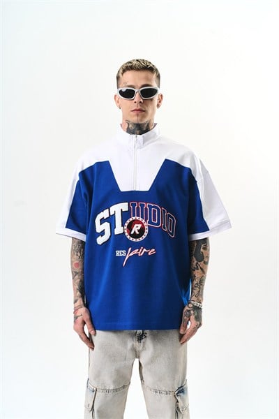 Erkek Studio Nakışlı Yarım Fermuarlı Oversize T-Shirt Saks