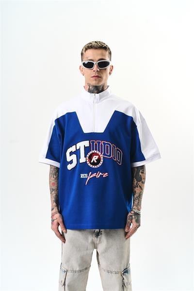 Erkek Studio Nakışlı Yarım Fermuarlı Oversize T-Shirt Saks
