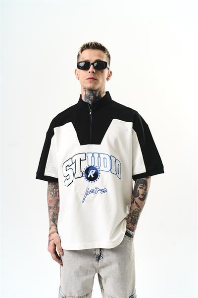 Erkek Studio Nakışlı Yarım Fermuarlı Oversize T-Shirt Ekru