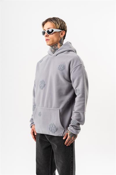 Erkek Süzene Nakış Detaylı Kapüşonlu Oversize Polar Hoodie Gri