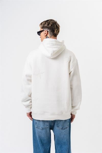 Erkek Süzene Nakış Detaylı Kapüşonlu Oversize Hoodie Ekru