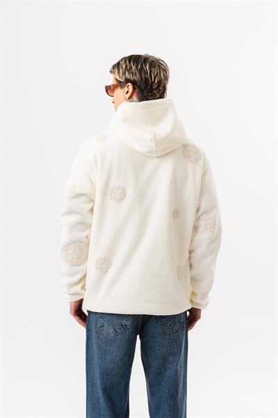 Erkek Süzene Nakış Detaylı Kapüşonlu Oversize Polar Hoodie Ekru