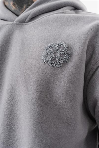 Erkek Süzene Nakış Detaylı Kapüşonlu Oversize Polar Hoodie Gri