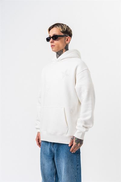 Erkek Süzene Nakış Detaylı Kapüşonlu Oversize Hoodie Ekru