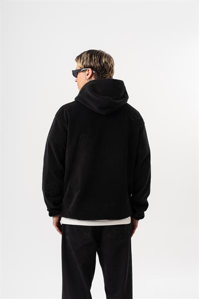 Erkek Süzene Nakış Detaylı Kapüşonlu Oversize Polar Hoodie Siyah