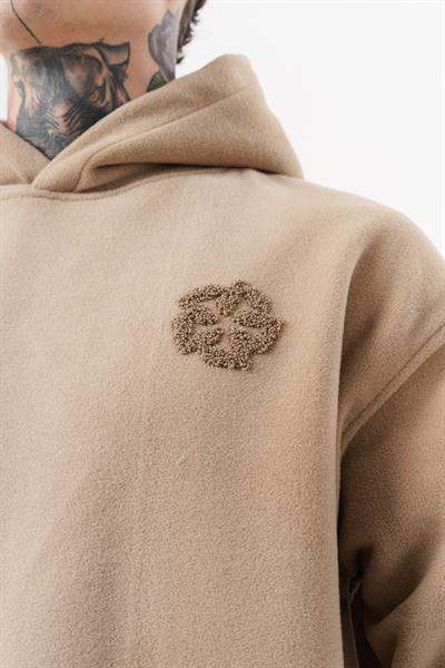 Erkek Süzene Nakış Detaylı Kapüşonlu Oversize Polar Hoodie Bej