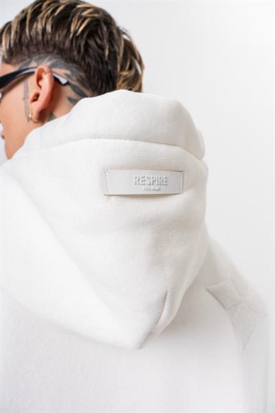 Erkek Süzene Nakış Detaylı Kapüşonlu Oversize Hoodie Ekru