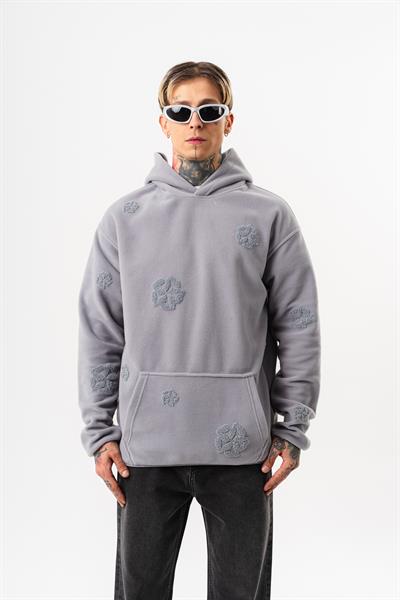 Erkek Süzene Nakış Detaylı Kapüşonlu Oversize Polar Hoodie Gri