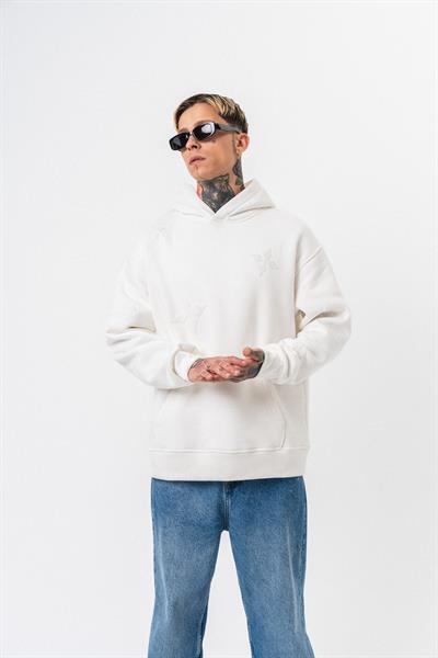 Erkek Süzene Nakış Detaylı Kapüşonlu Oversize Hoodie Ekru