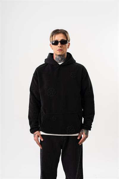 Erkek Süzene Nakış Detaylı Kapüşonlu Oversize Polar Hoodie Siyah
