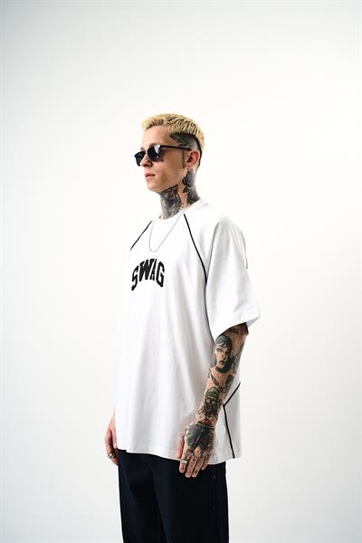 Erkek Swag Nakışlı Oversize T-Shirt Beyaz
