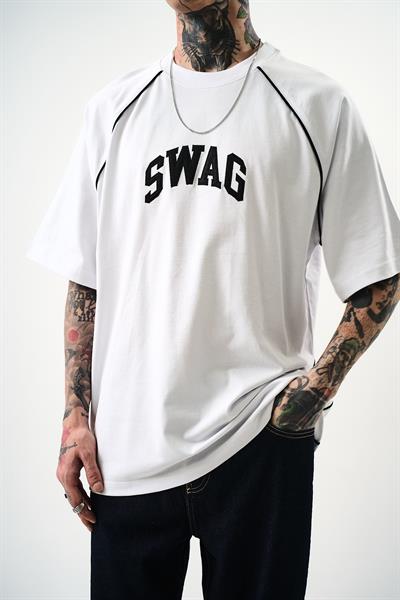 Erkek Swag Nakışlı Oversize T-Shirt Beyaz