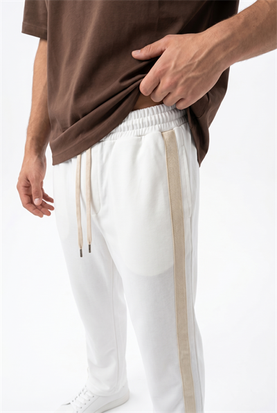 Erkek Tek Şerit Detaylı Baggy Eşofman Altı Ekru