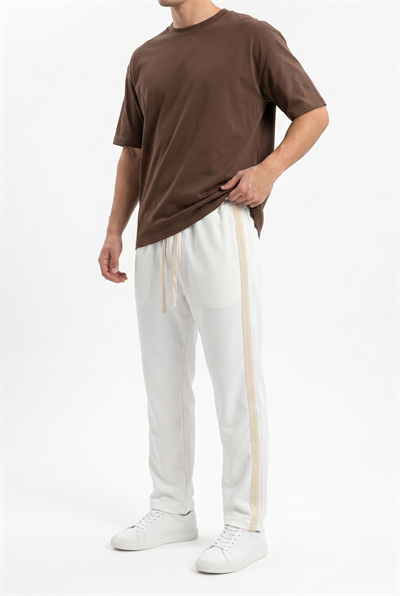 Erkek Tek Şerit Detaylı Baggy Eşofman Altı Ekru