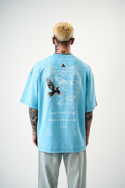 Erkek To Fly Baskılı Yıkamalı Oversize T-Shirt Mavi